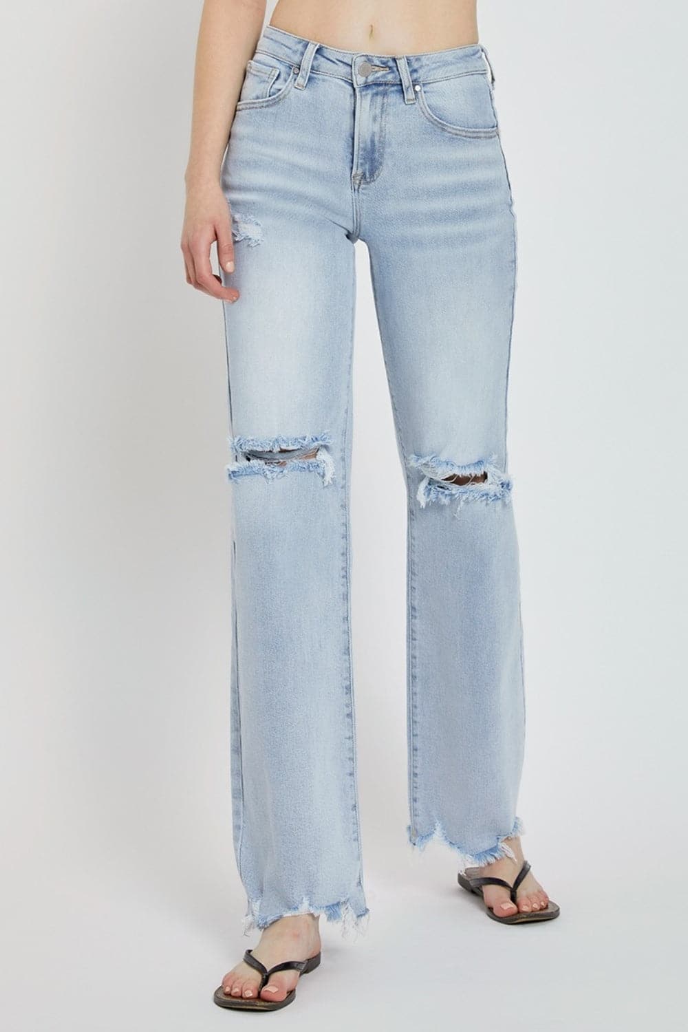 Risen Full Size High Rise Distressed Wide Leg Jeans.