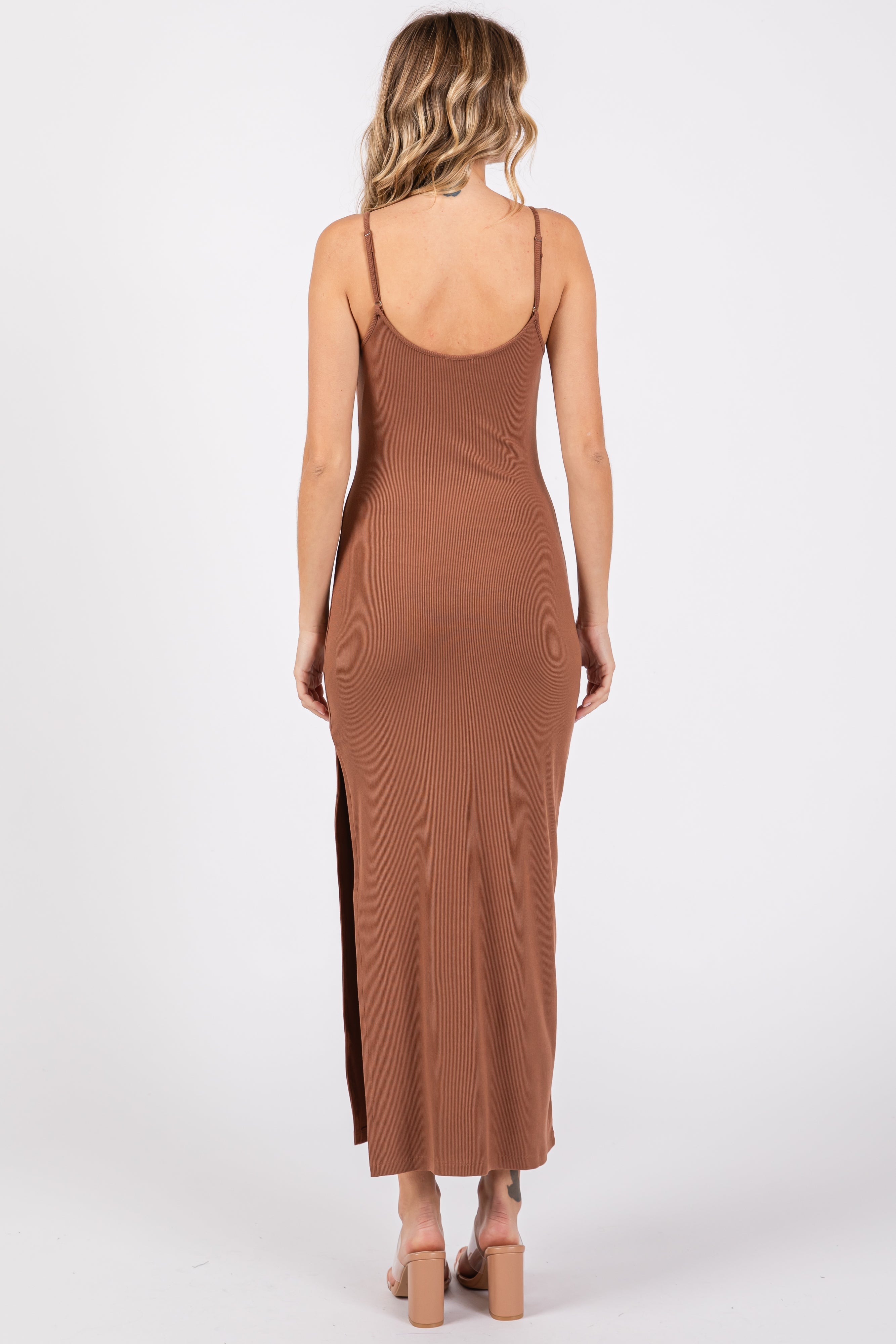 Camel Ribbed Sleeveless Side Slit Dress PinkBlush