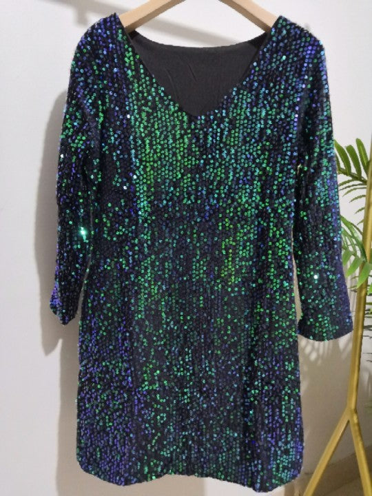 Autumn Winter Casual V neck Long Sleeved Green Stretch Sequ Dress Bella Mia