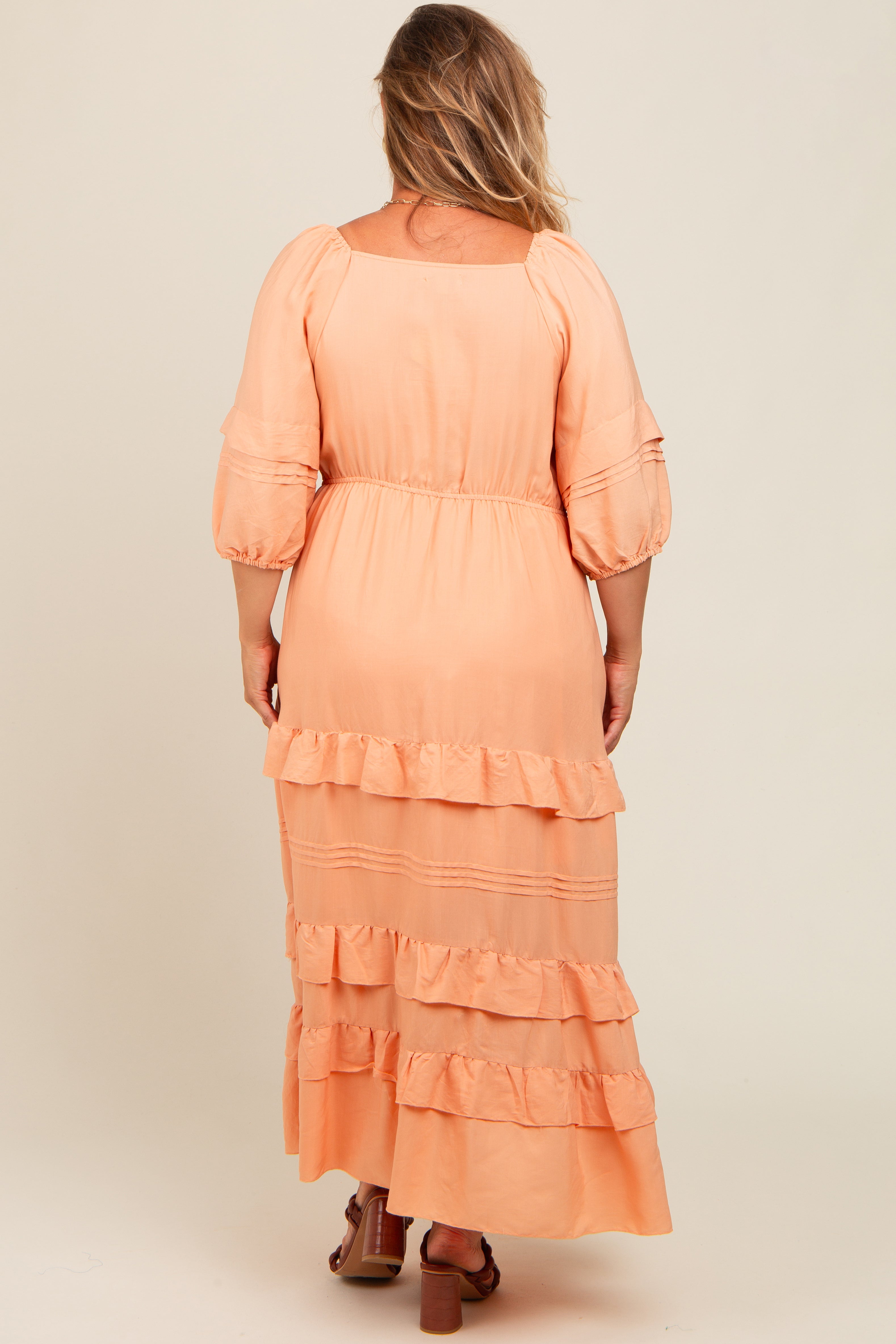 Peach Square Neck Ruffle Tiered Maternity Plus Maxi Dress PinkBlush