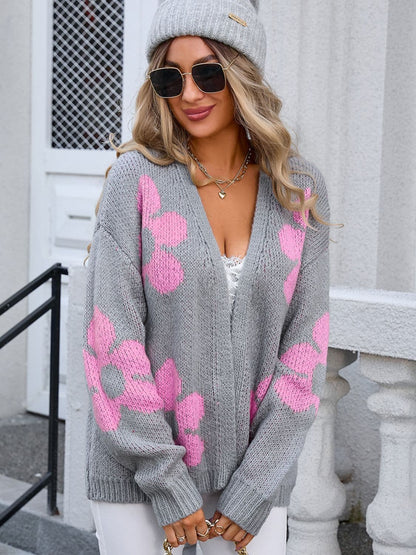 Flower Open Front Long Sleeve Cardigan.