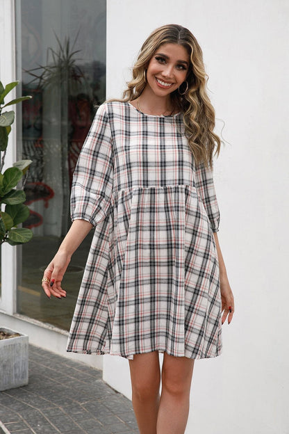 Plaid Round Neck Mini Dress.