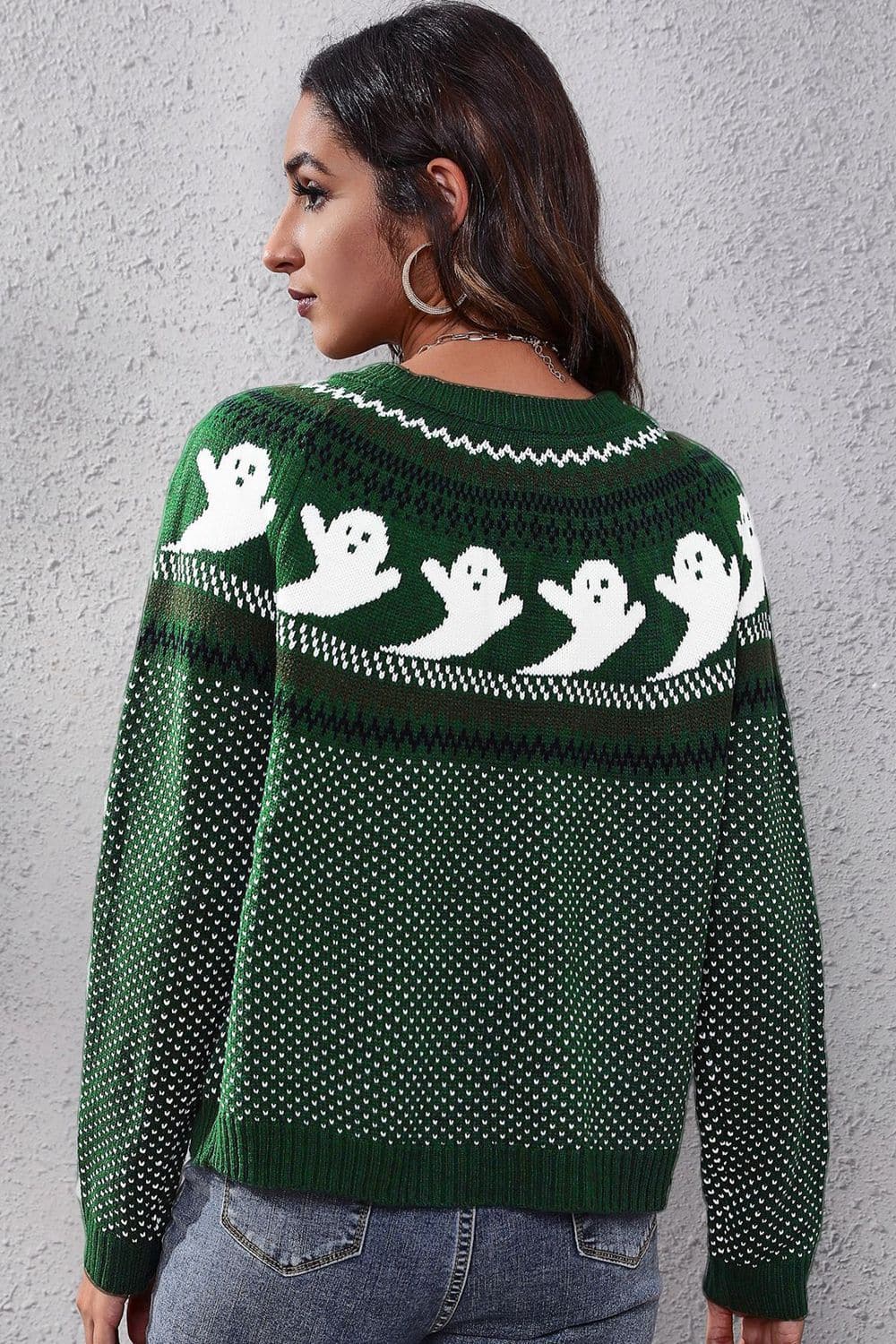 Chic ghost print long sleeve sweater with round neck