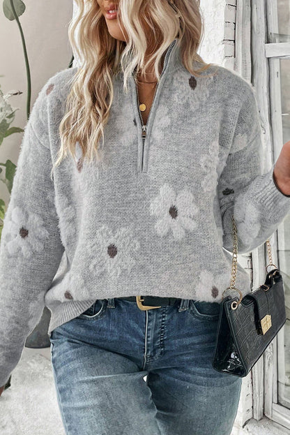 Elegant gray plus size floral embroidered half zip sweater