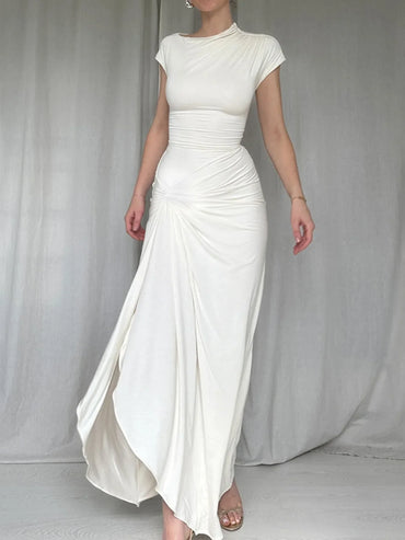 Ruched Slit Cap Sleeve Maxi Dress