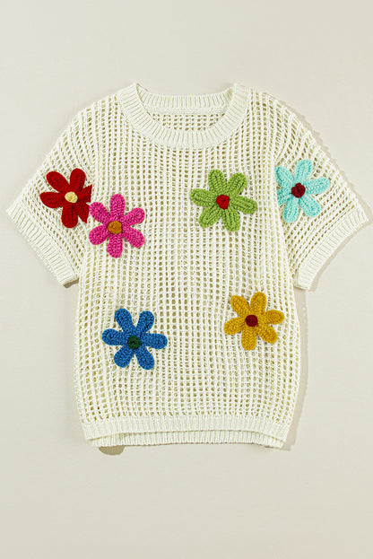 Chic white crochet floral hollow-out sweater tee