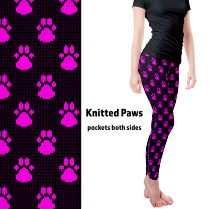 Knitted Paws Teal or Pink Leggings with Pockets