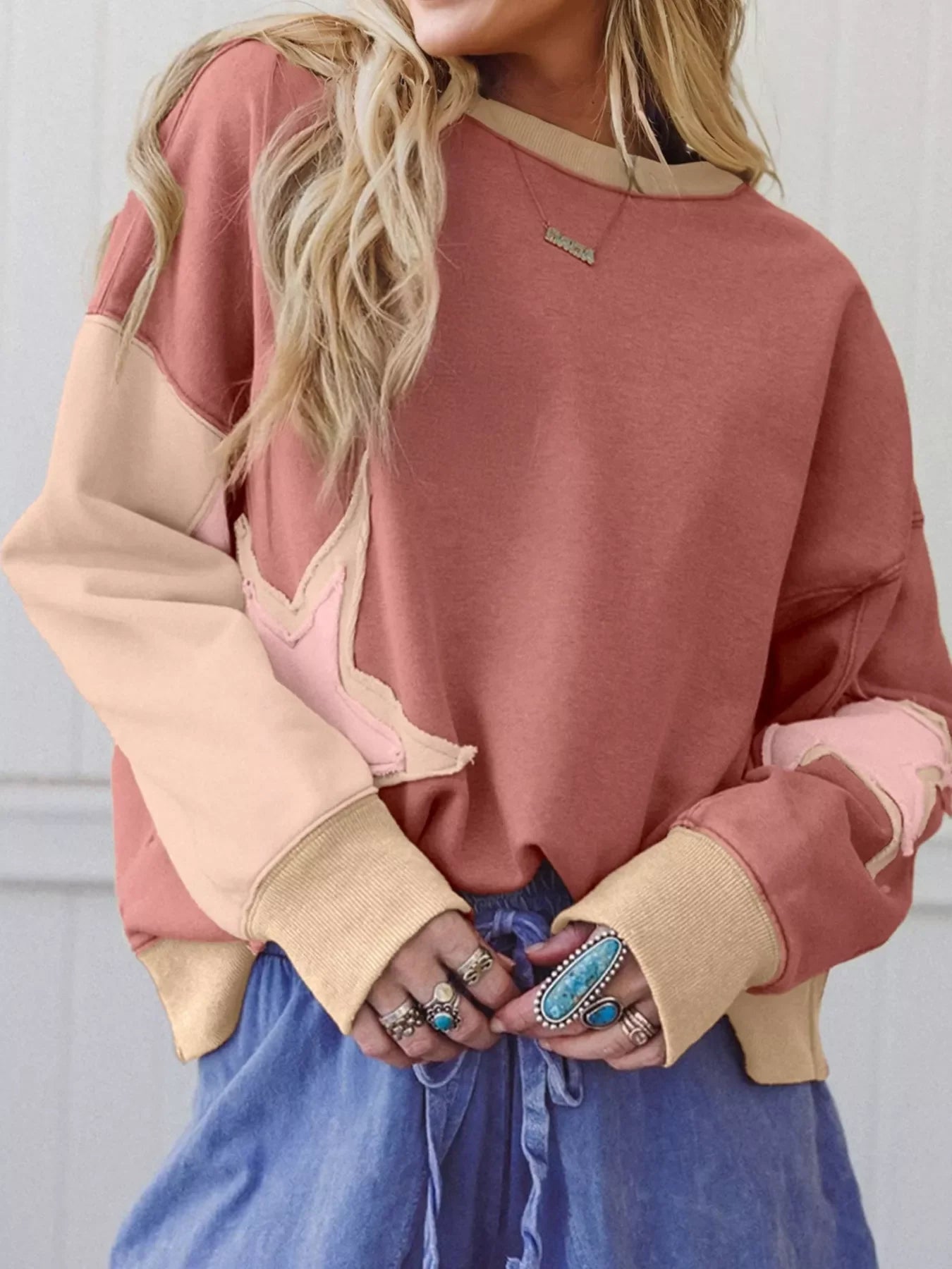 Contrast Star Patchwork Exposed Seam Uneven Hem Drop Shoulder Sweatshirt Simply Love