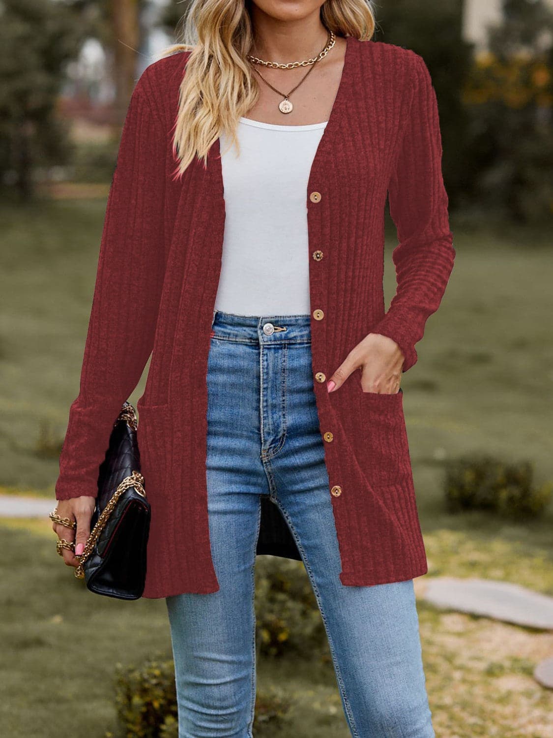 Ribbed Button Up Long Sleeve Cardigan.