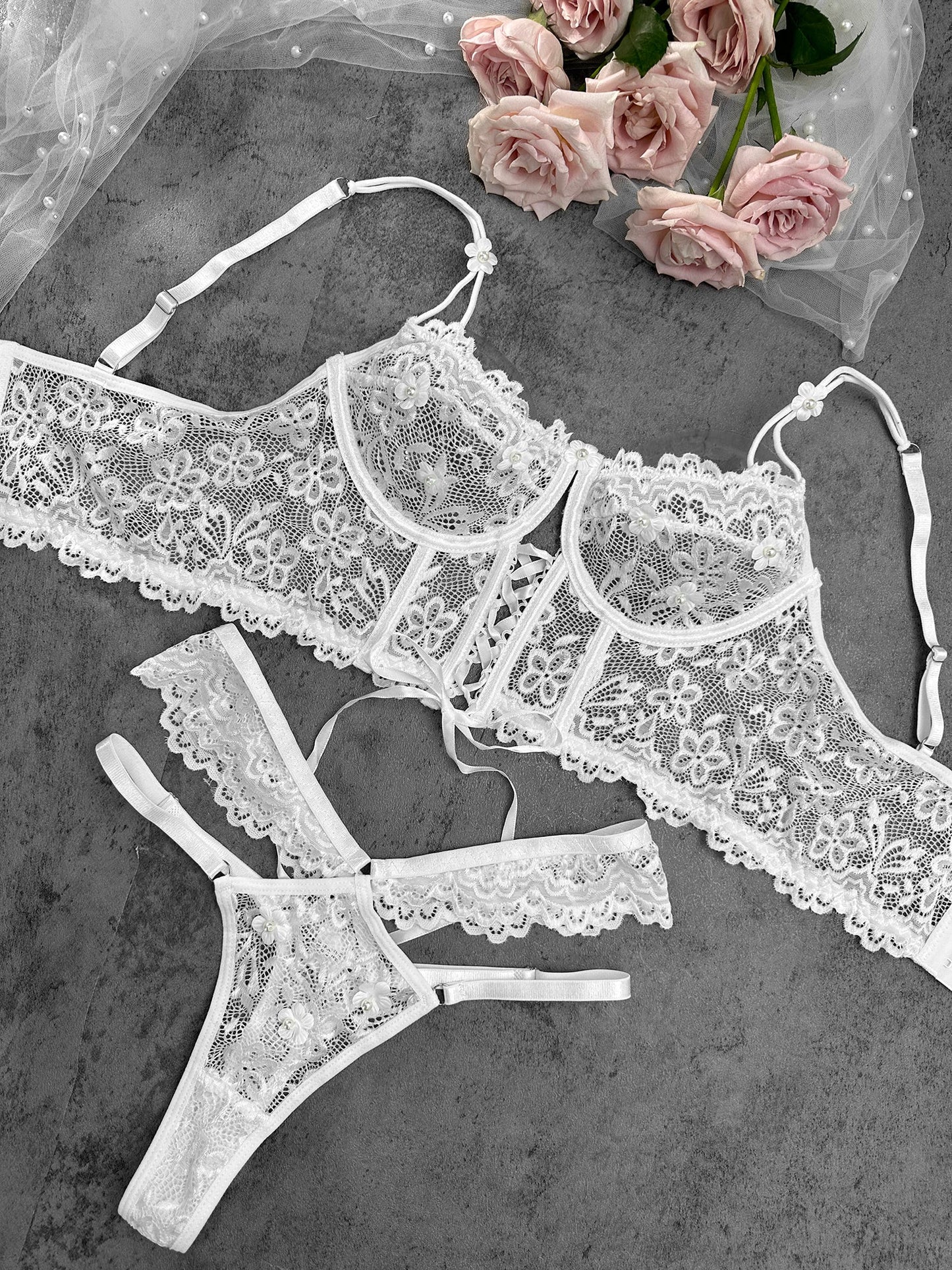 White Pearls Small Flower Lace Lingerie Set for Women