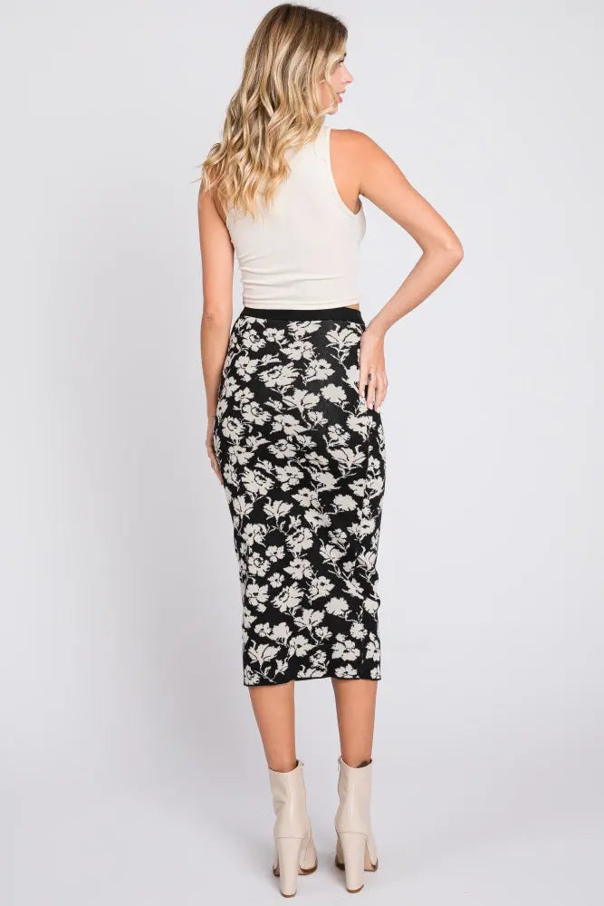 Black Floral Knit Midi Skirt PinkBlush