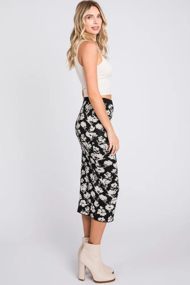 Black Floral Knit Midi Skirt PinkBlush
