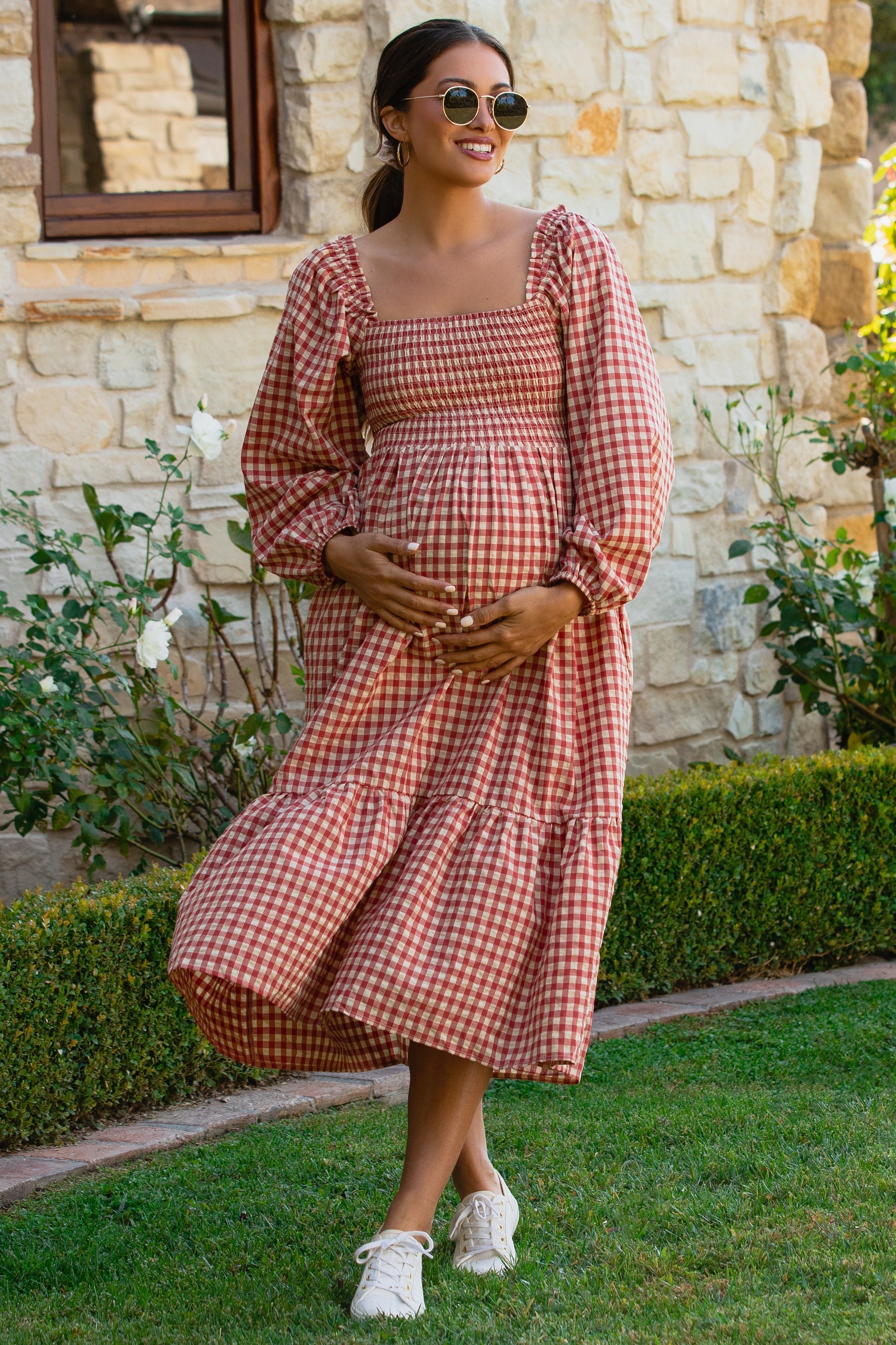 Rust Gingham Long Sleeve Maternity Midi Dress PinkBlush