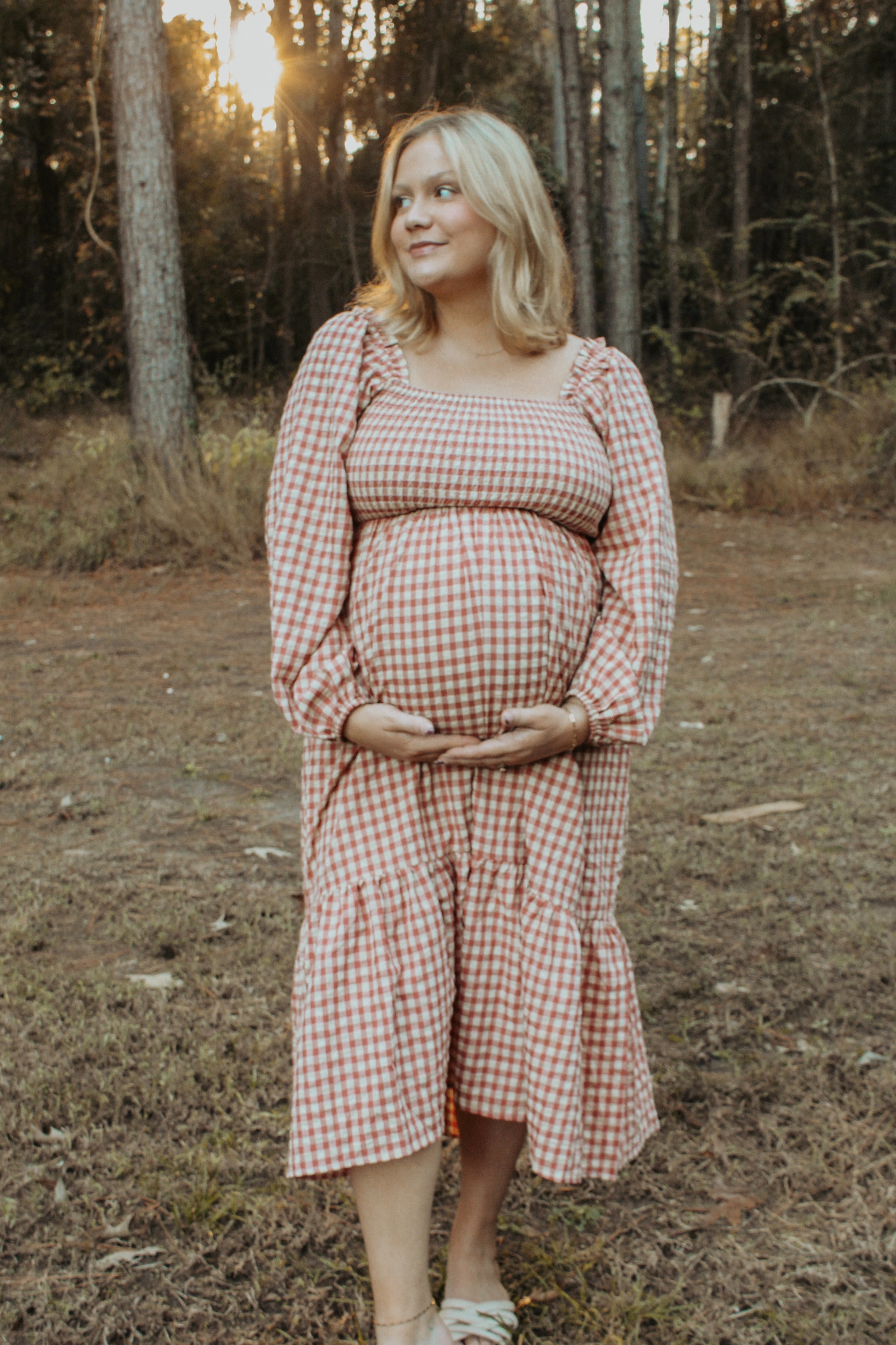 Rust Gingham Long Sleeve Maternity Midi Dress PinkBlush