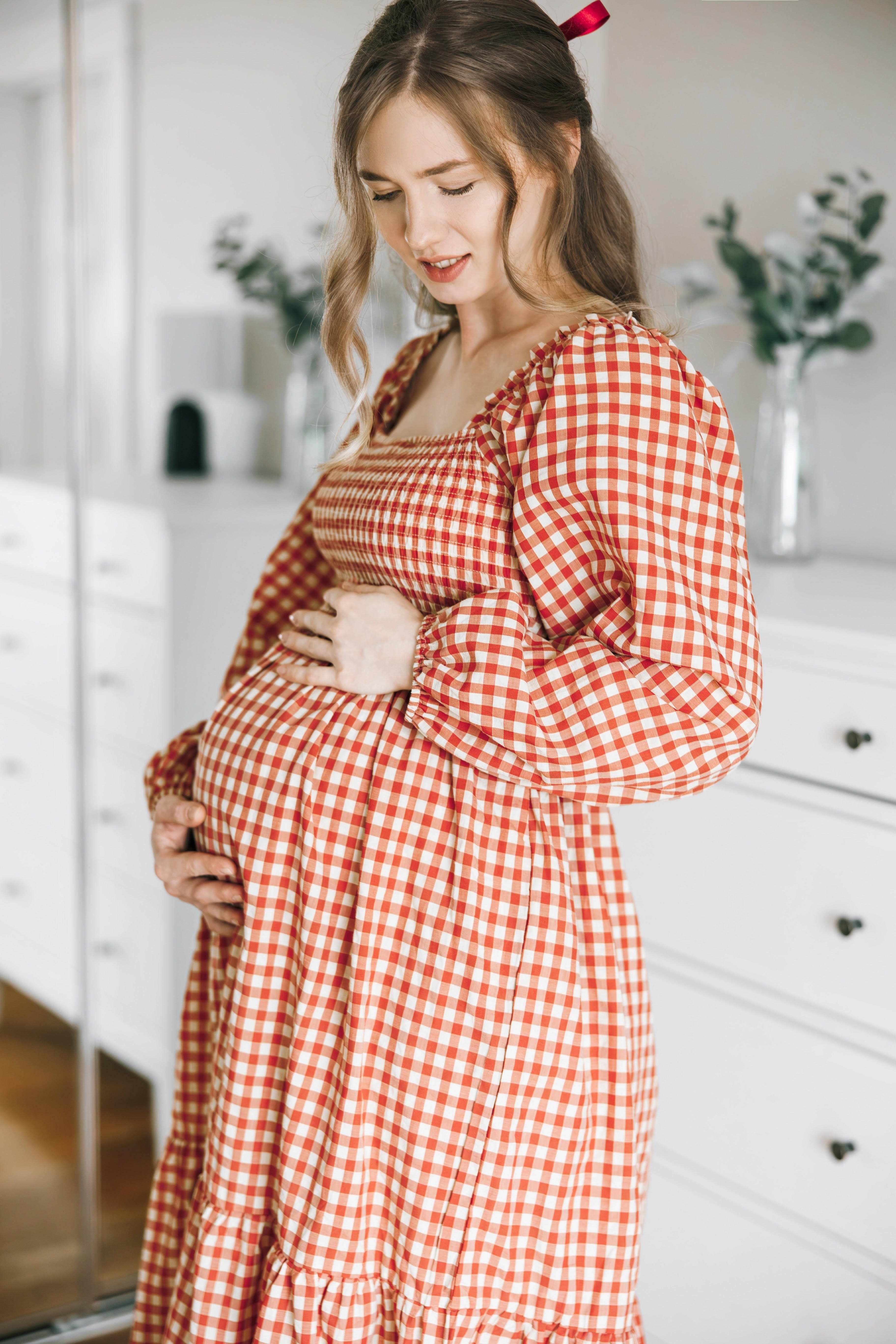 Rust Gingham Long Sleeve Maternity Midi Dress PinkBlush