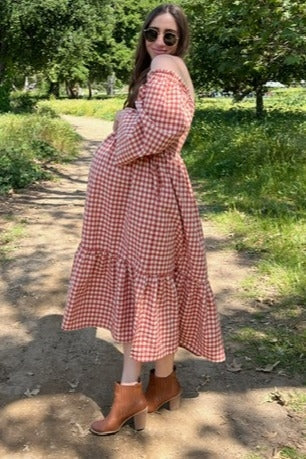 Rust Gingham Long Sleeve Maternity Midi Dress PinkBlush