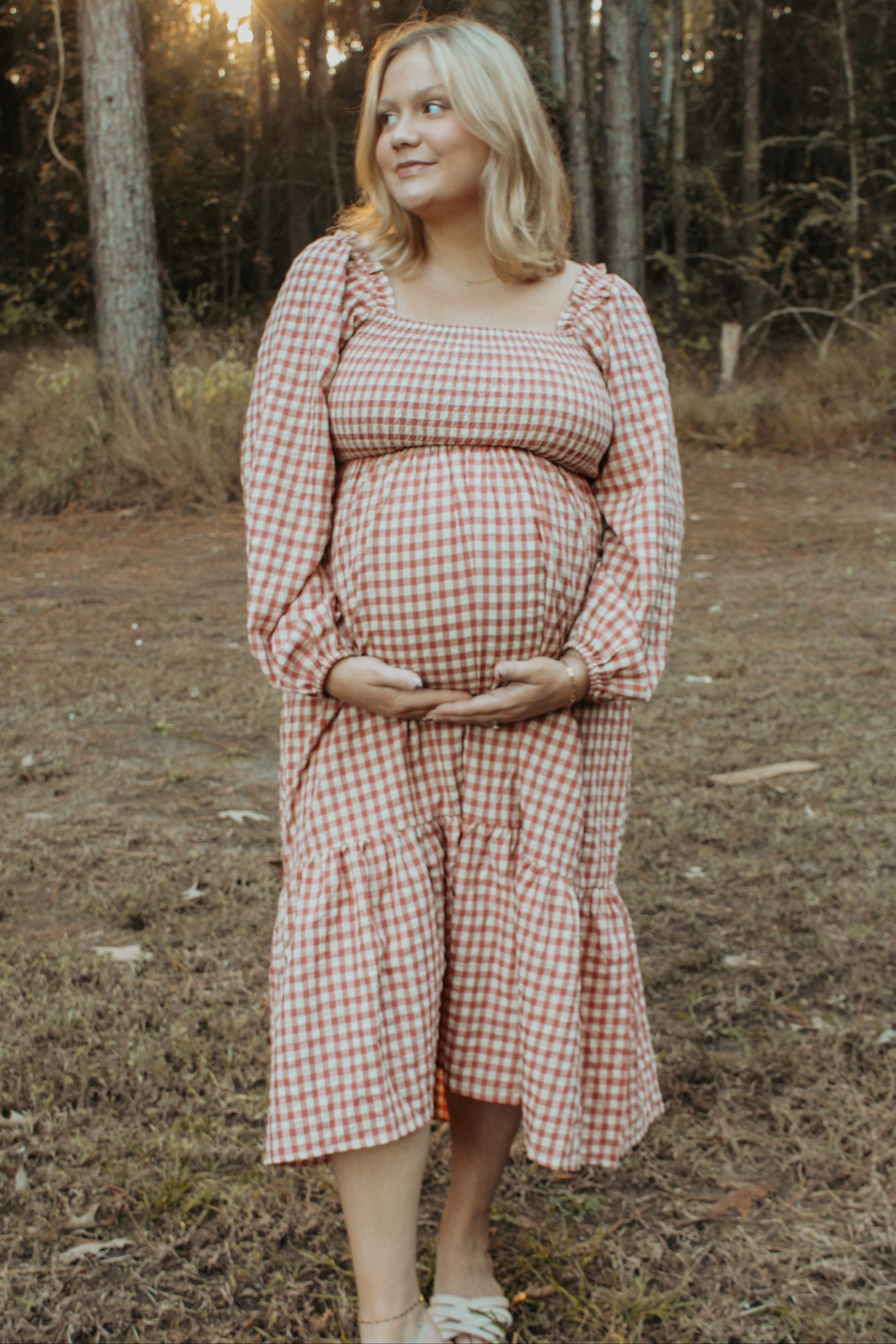 Rust Gingham Long Sleeve Maternity Midi Dress PinkBlush