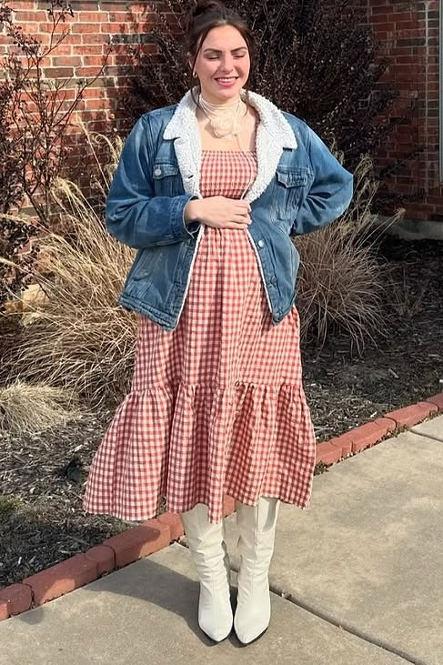Rust Gingham Long Sleeve Maternity Midi Dress PinkBlush