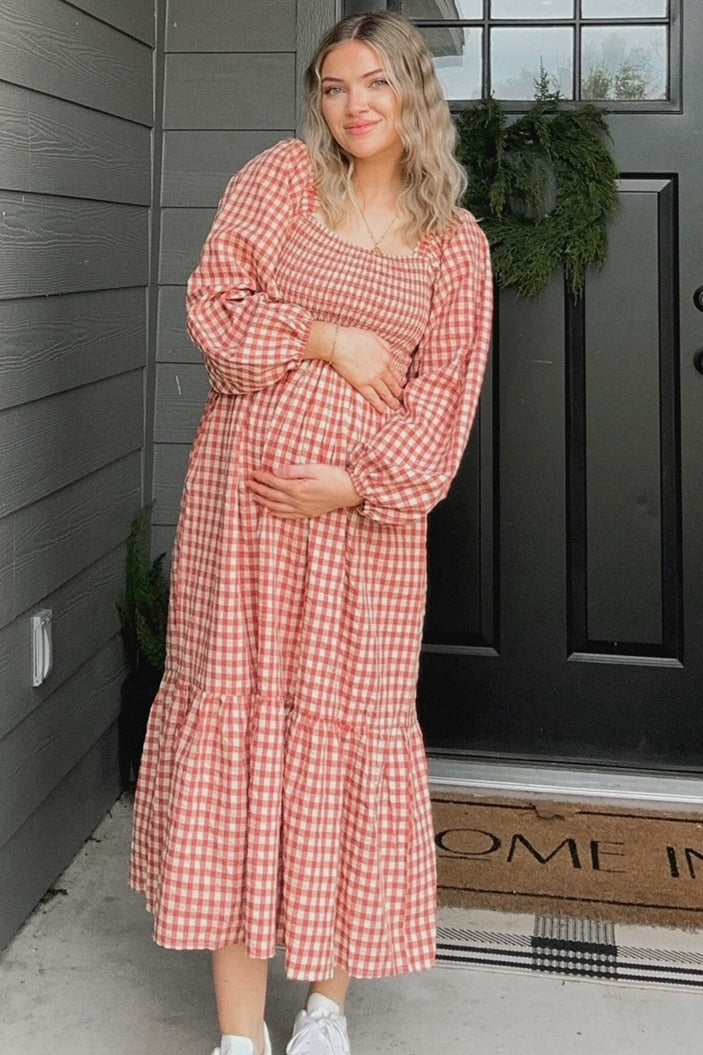 Rust Gingham Long Sleeve Maternity Midi Dress PinkBlush