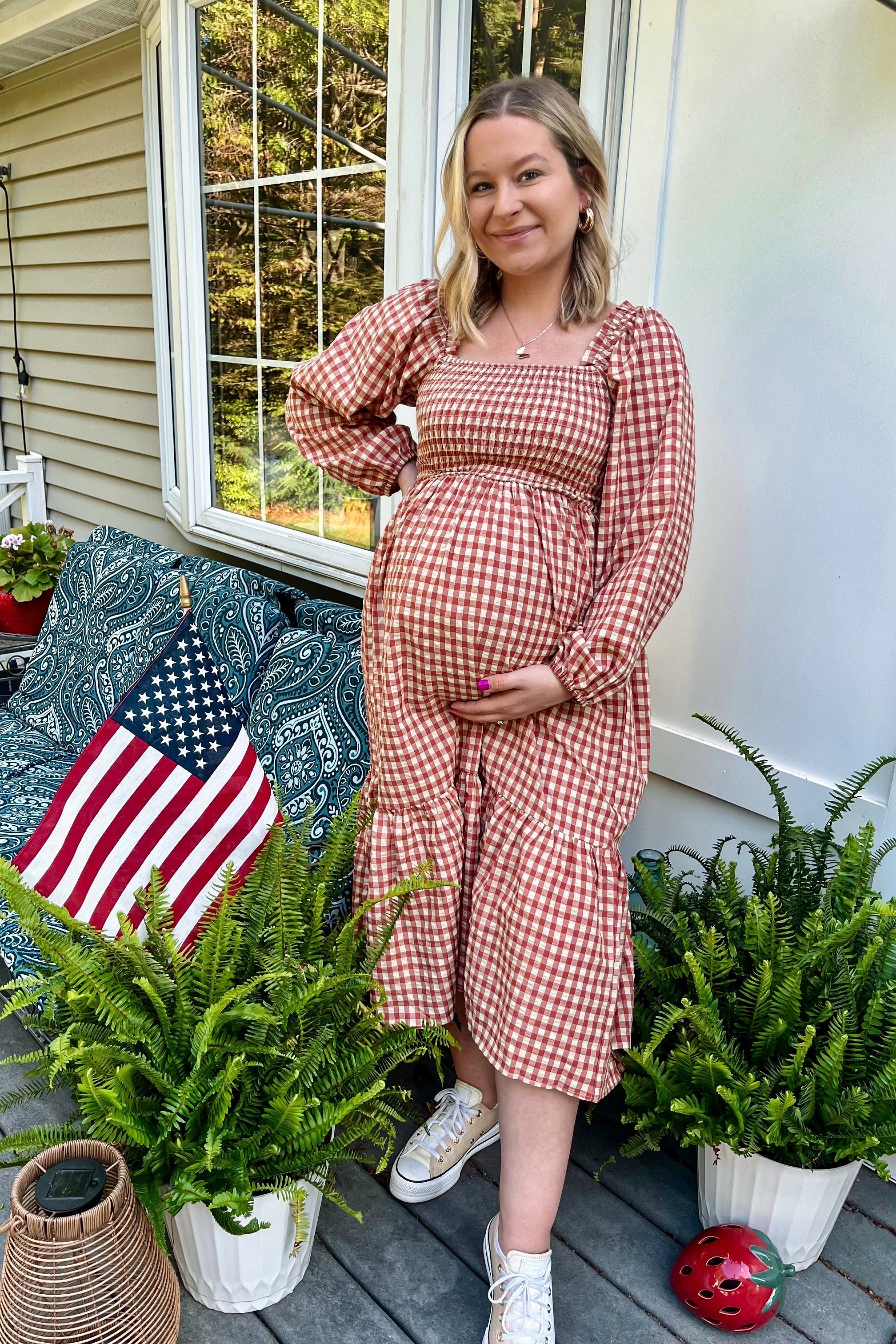 Rust Gingham Long Sleeve Maternity Midi Dress PinkBlush