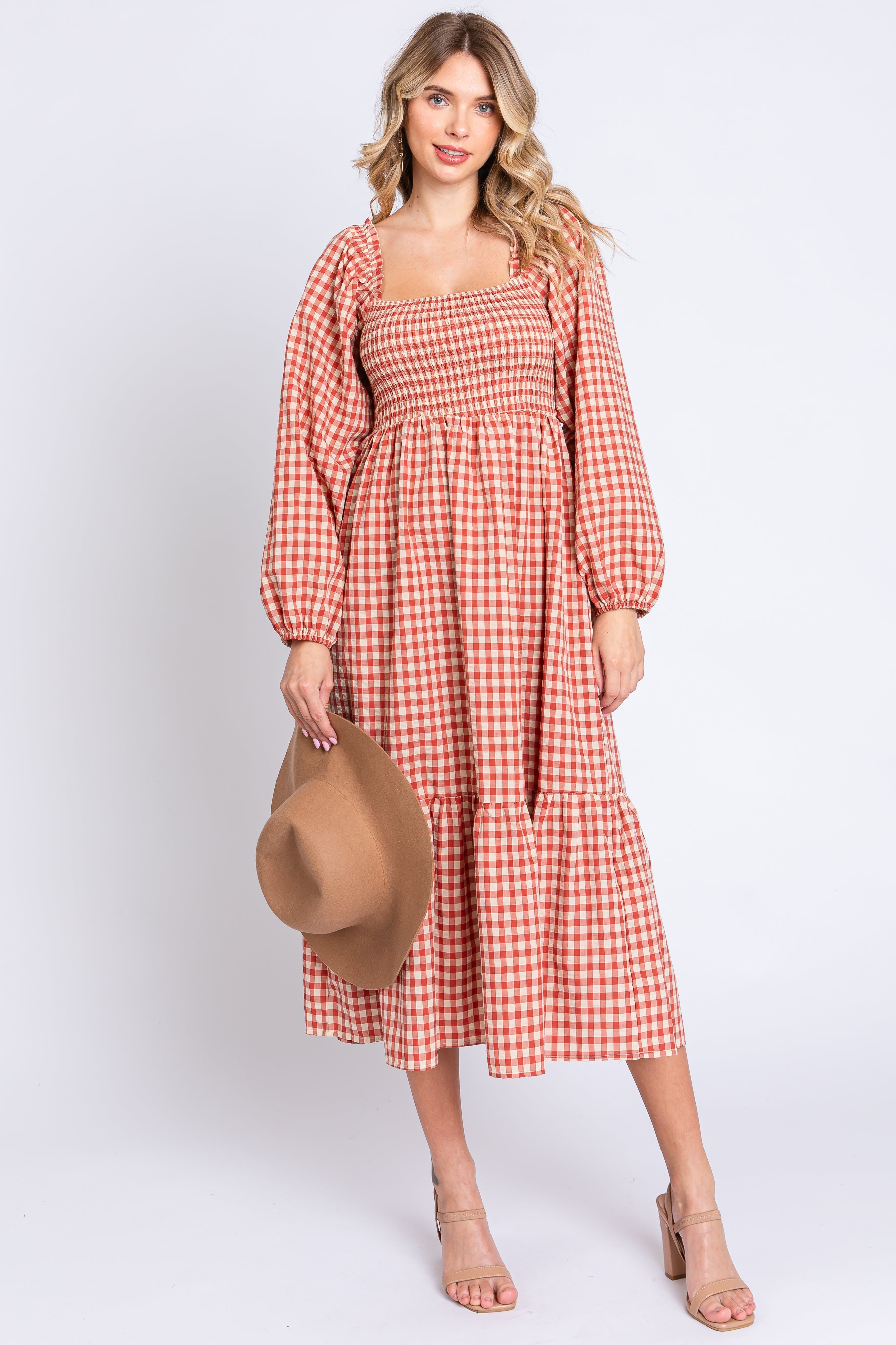 Rust Gingham Long Sleeve Maternity Midi Dress PinkBlush