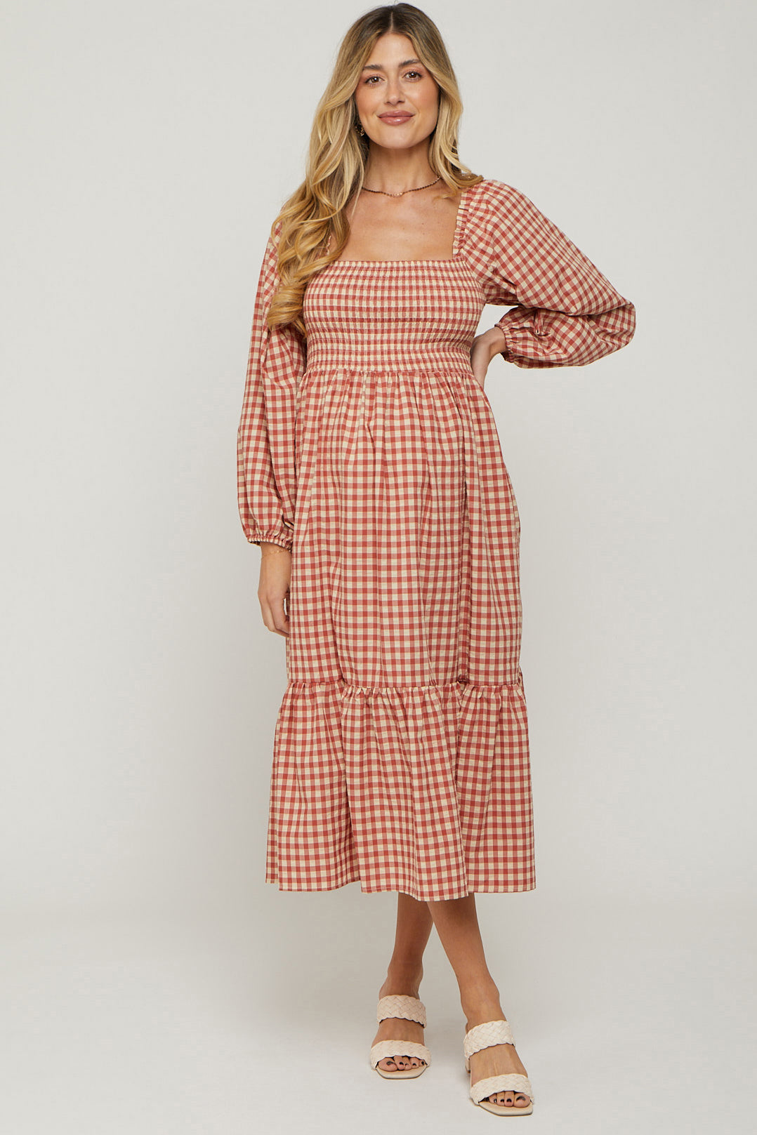 Rust Gingham Long Sleeve Maternity Midi Dress PinkBlush