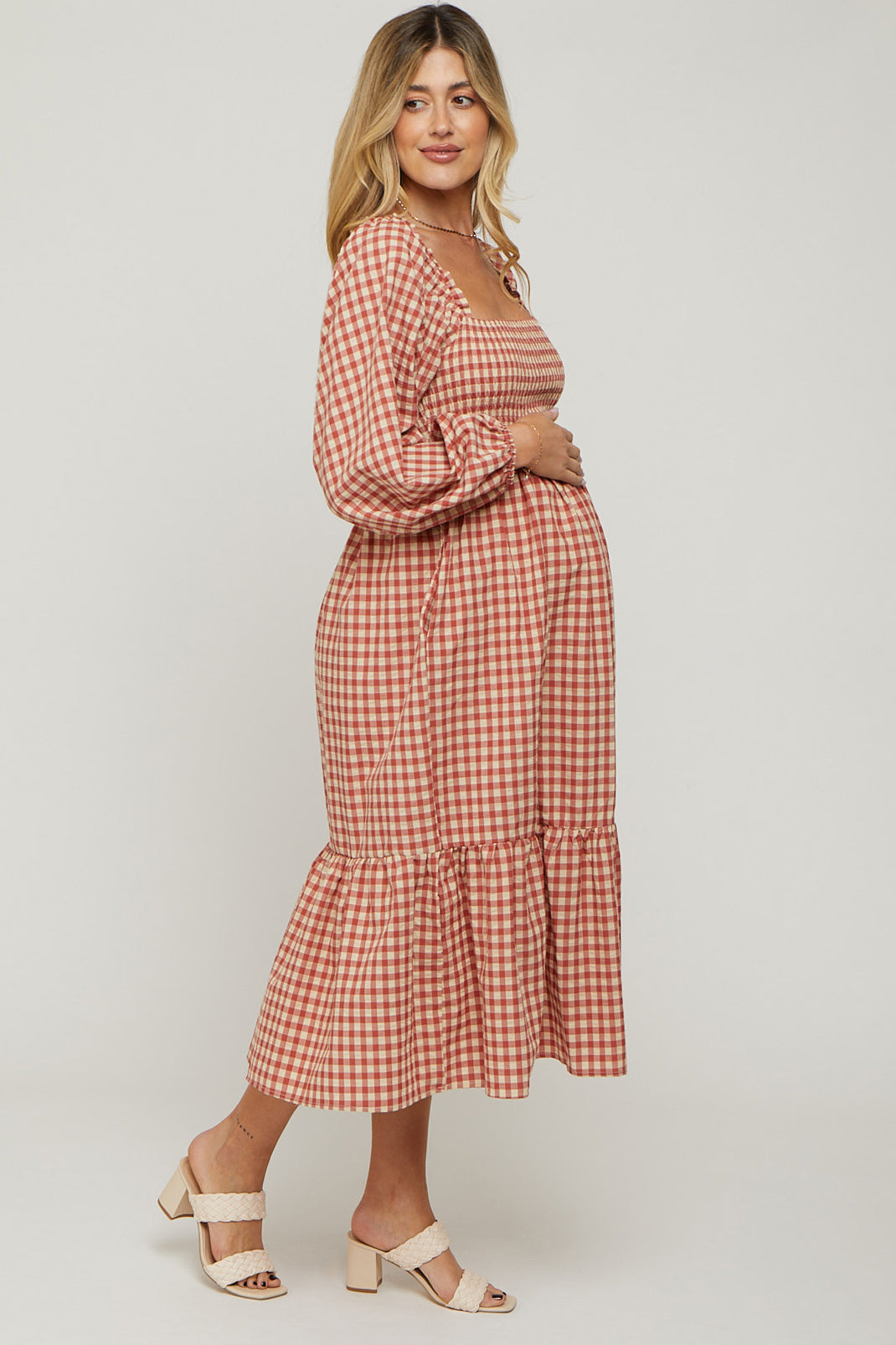 Rust Gingham Long Sleeve Maternity Midi Dress PinkBlush