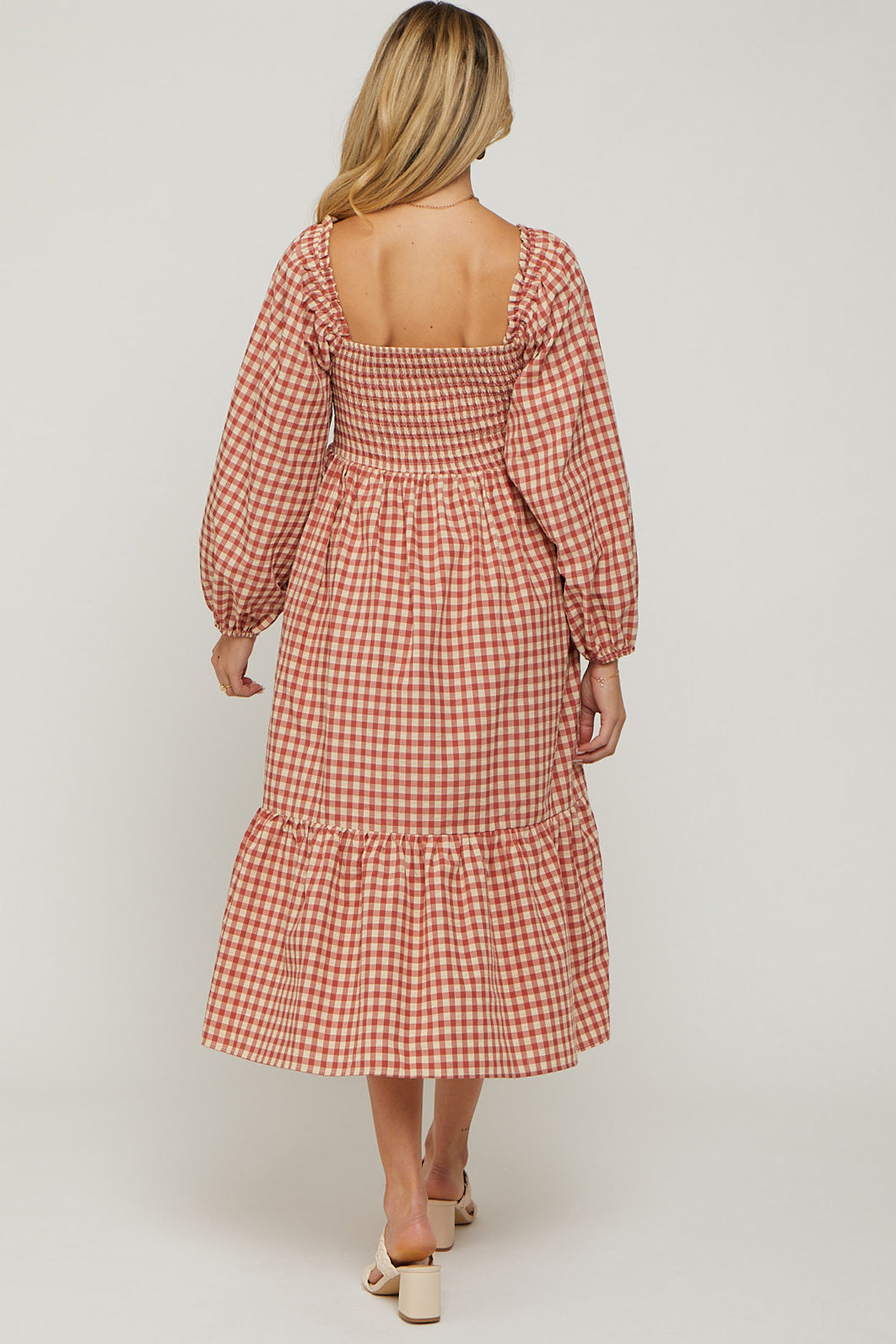 Rust Gingham Long Sleeve Maternity Midi Dress PinkBlush