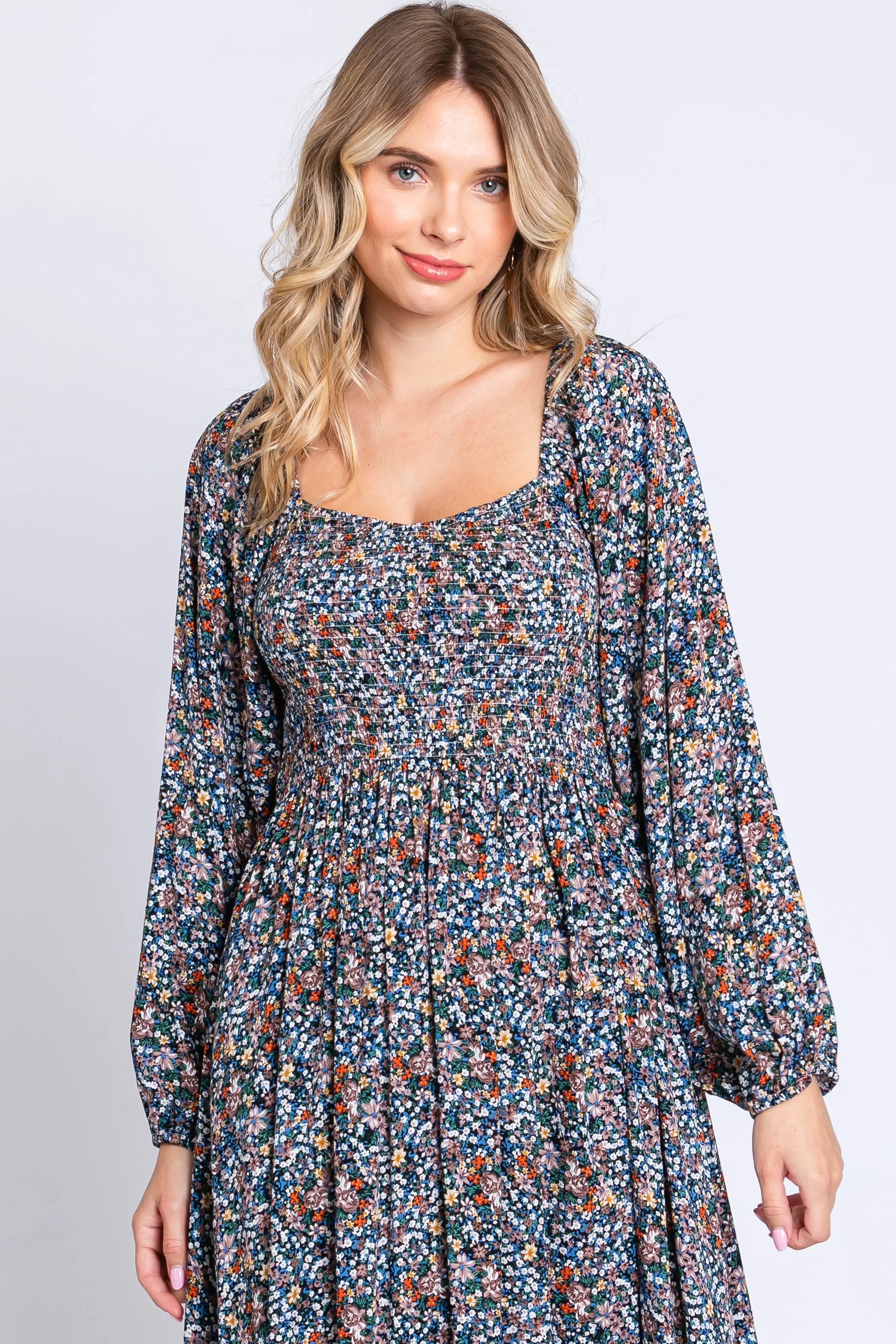Navy Floral Long Sleeve Maxi Dress PinkBlush