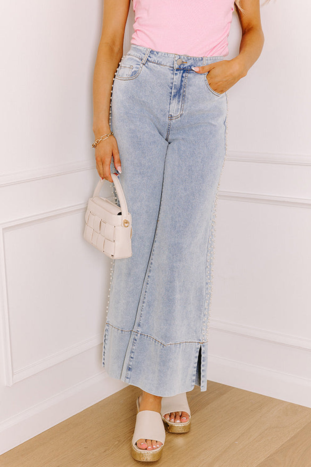 Beau Blue Mid Rise Pearl Embellished Split Wide Leg Jeans Dear-Lover Dropshipping