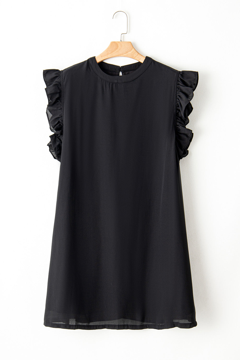 Chic black ruffled plus shift dress with keyhole back