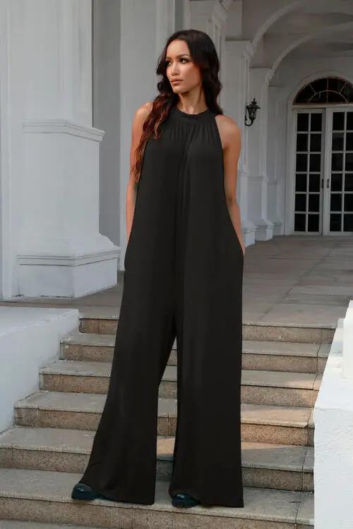Double Take Full Size Tie Back Cutout Sleeveless Jumpsuit - Love Salve