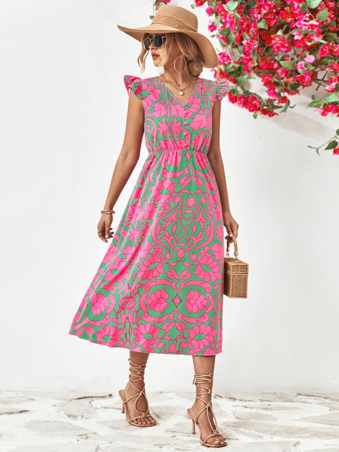 Printed V-Neck Cap Sleeve Dress.