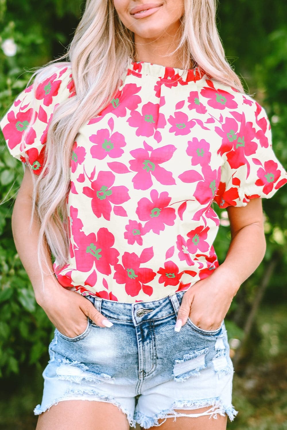 Printed Mock Neck Puff Sleeve Blouse.