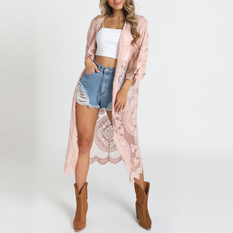 Bohemian Loose Embroidered Lace Bikini Gauzy Cardigan Beach Mid-Length Sunscreen Shirt Bella Mia