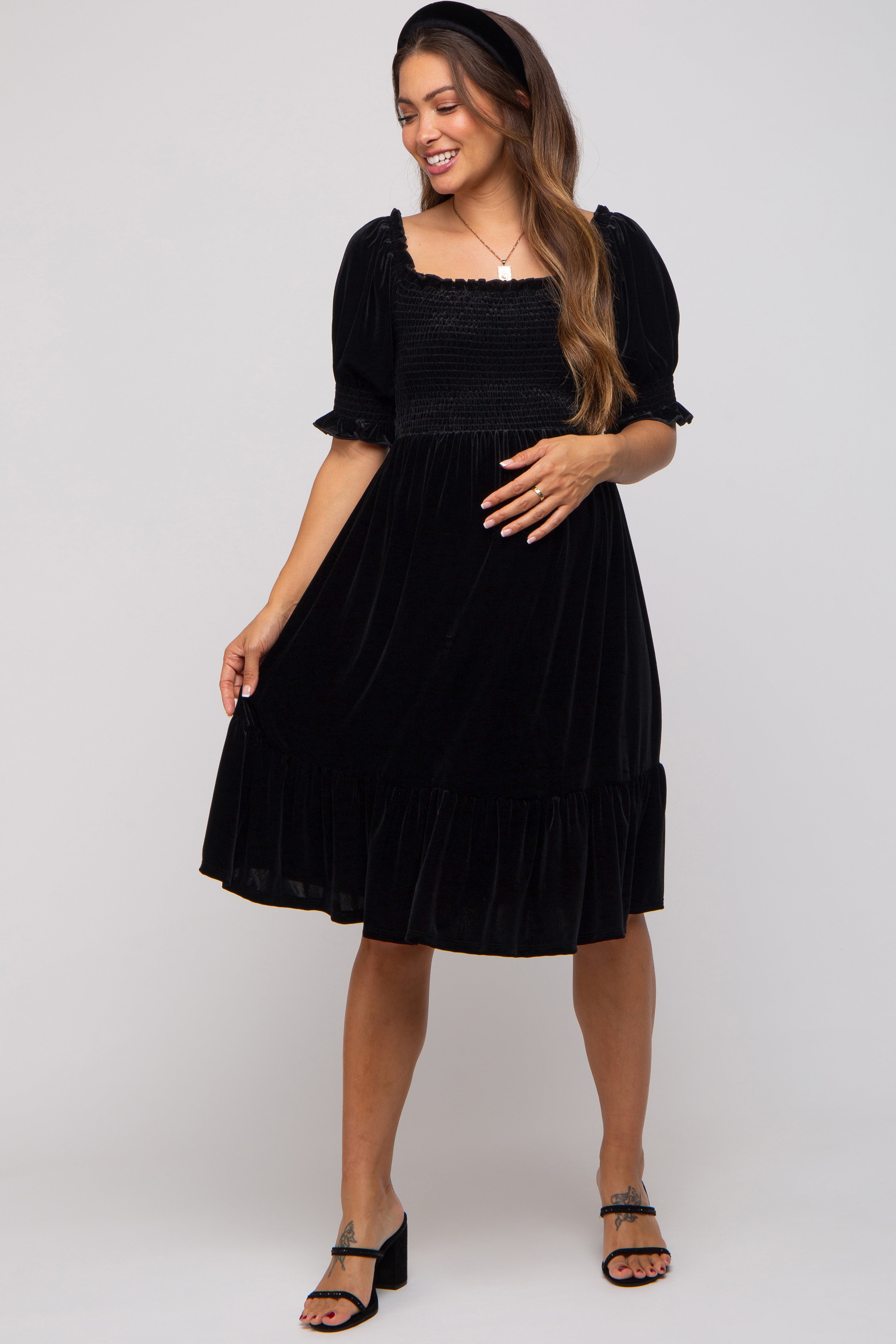 Black Velvet Smocked Puff Sleeve Maternity Dress PinkBlush
