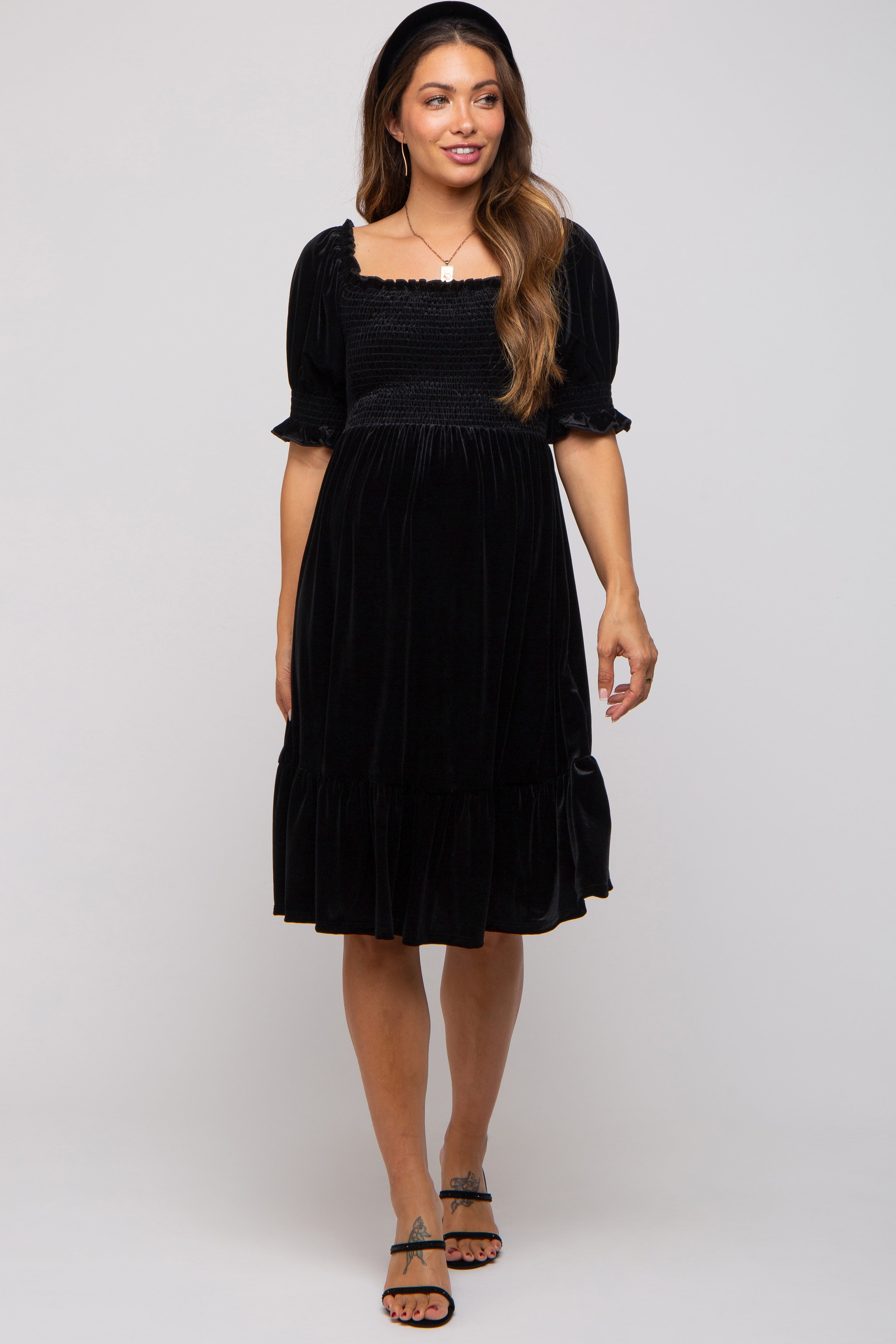 Black Velvet Smocked Puff Sleeve Maternity Dress PinkBlush