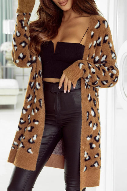 Chic leopard print cardigan with no stretch, long sleeves, and open front style.