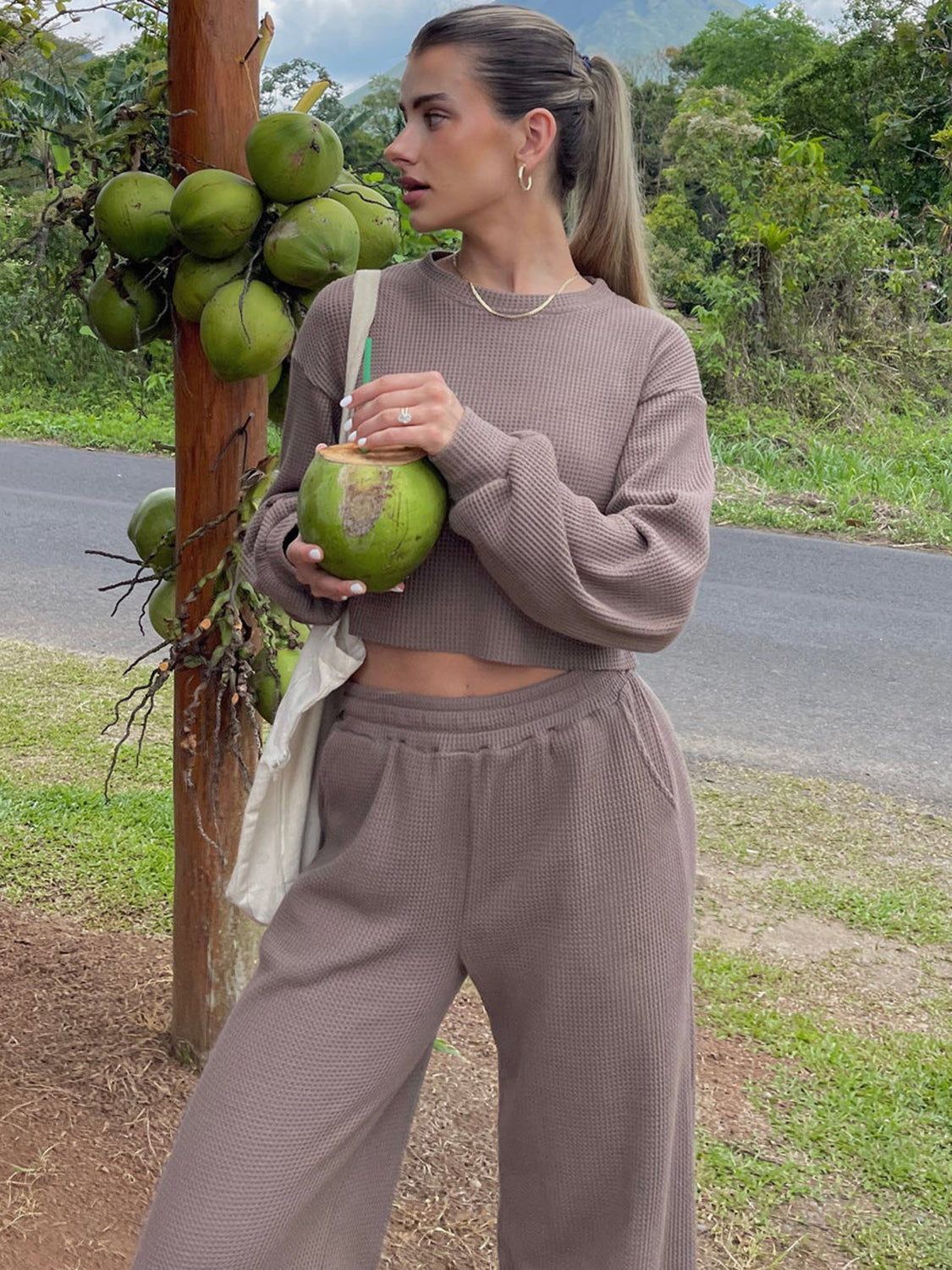 Waffle-Knit Round Neck Top and Pants Set Coco’s Tee Boutique