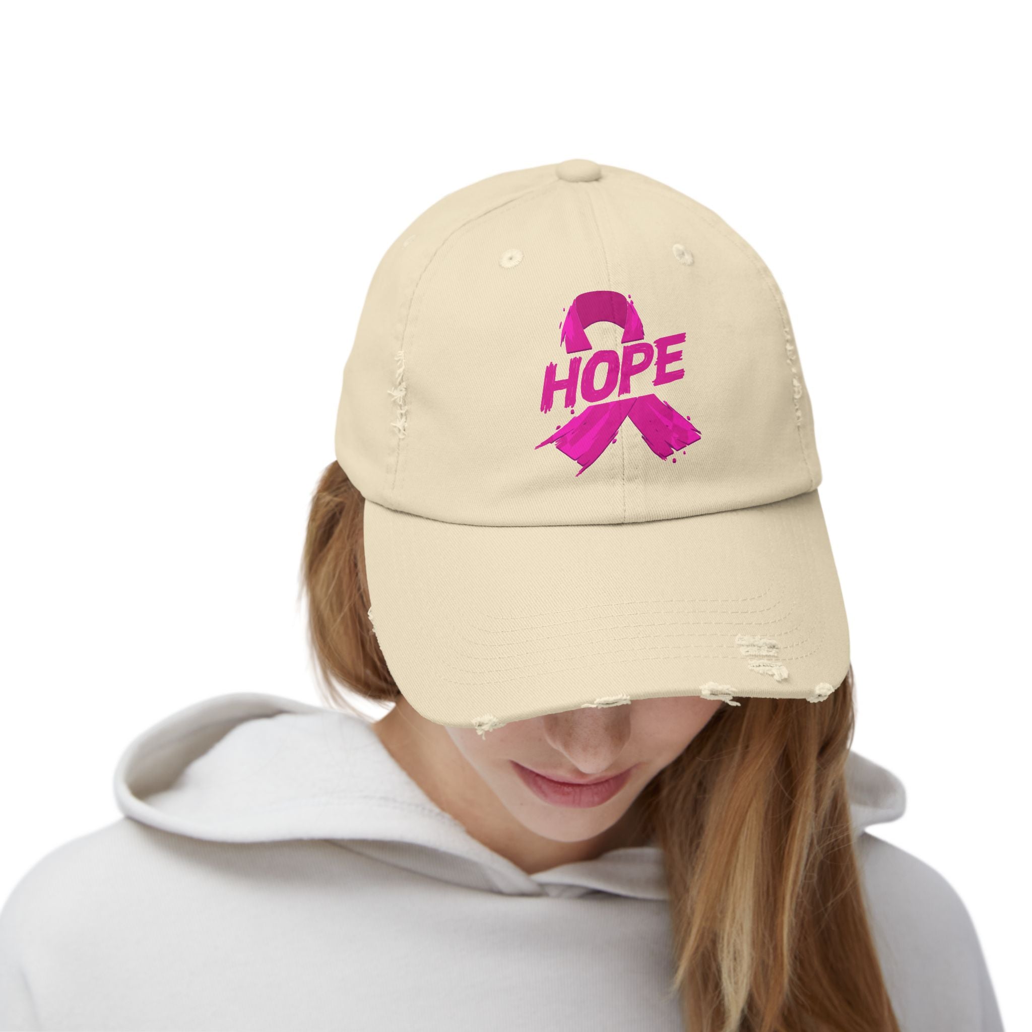 Hope Distressed Cap Unisex Cotton Twill Hat For Breast Cancer Awareness Gift Fundraising Everyday Style Coco’s Tee Boutique