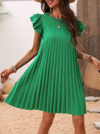 Pleated Round Neck Cap Sleeve Mini Dress.