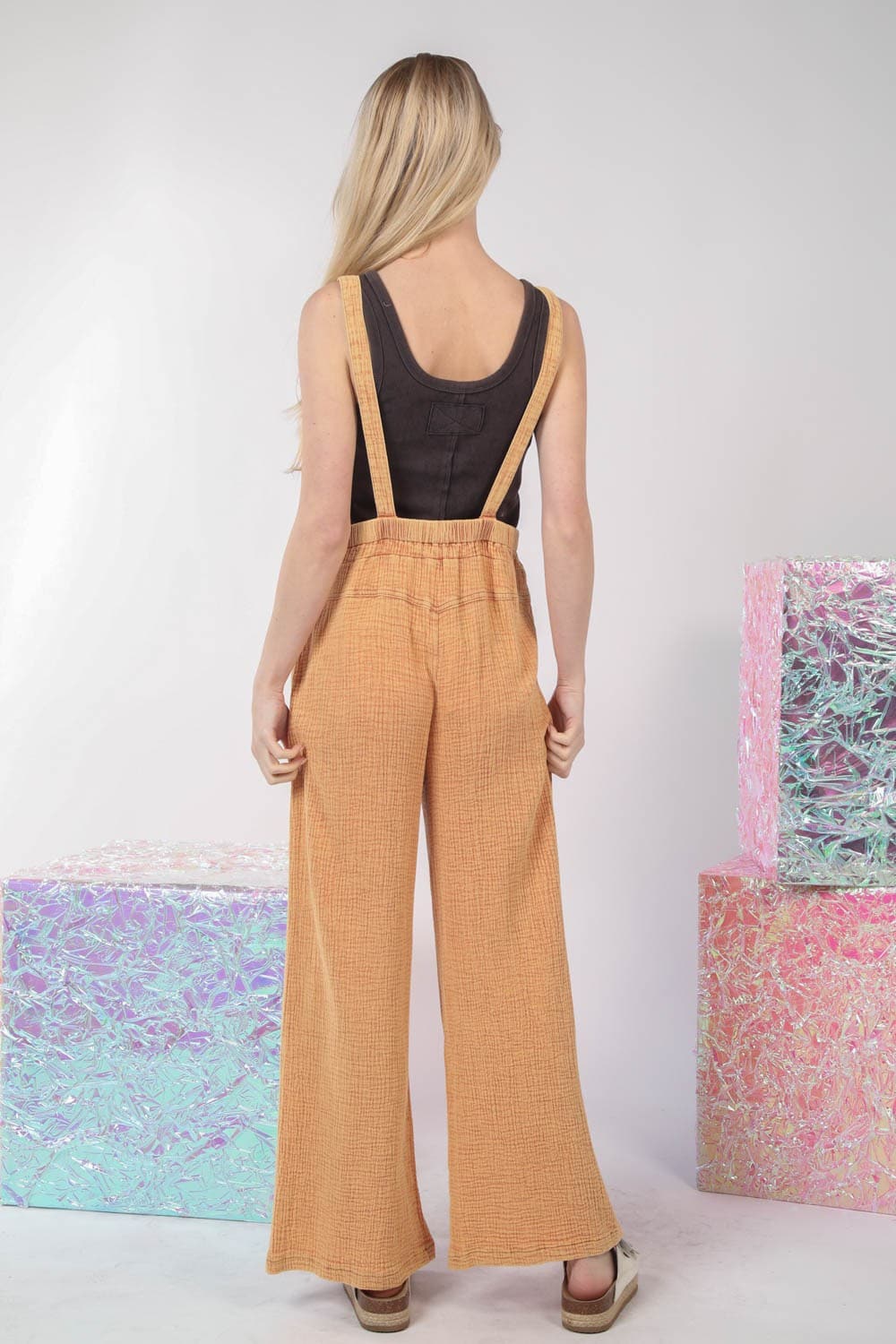 VERY J Texture Washed Wide Leg Overalls.