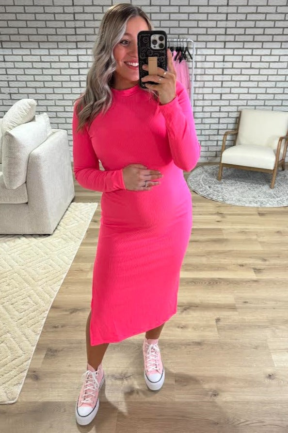 Pink Ribbed Mock Neck Long Sleeve Maternity Midi Dress PinkBlush
