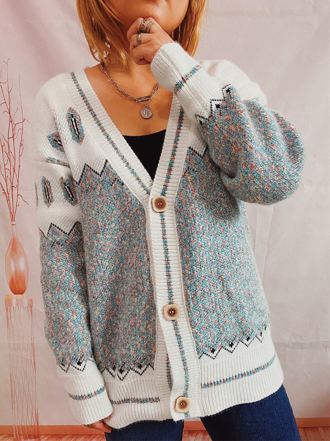 Geometric Button Front Long Sleeve Cardigan.