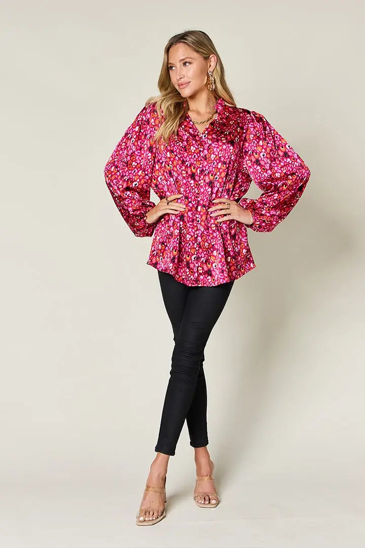 Double Take Full Size Printed Long Sleeve Blouse - Love Salve