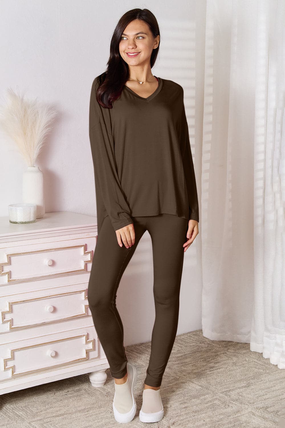 Basic Bae Bamboo Full Size V-Neck Long Sleeve Top and Pants Lounge Set.