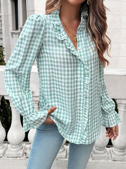 Frill Ruffled Plaid Long Sleeve Shirt.