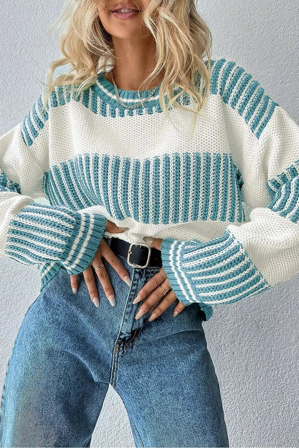 Two Tone Striped Patchwork Drop Shoulder Loose Sweater Simply Love