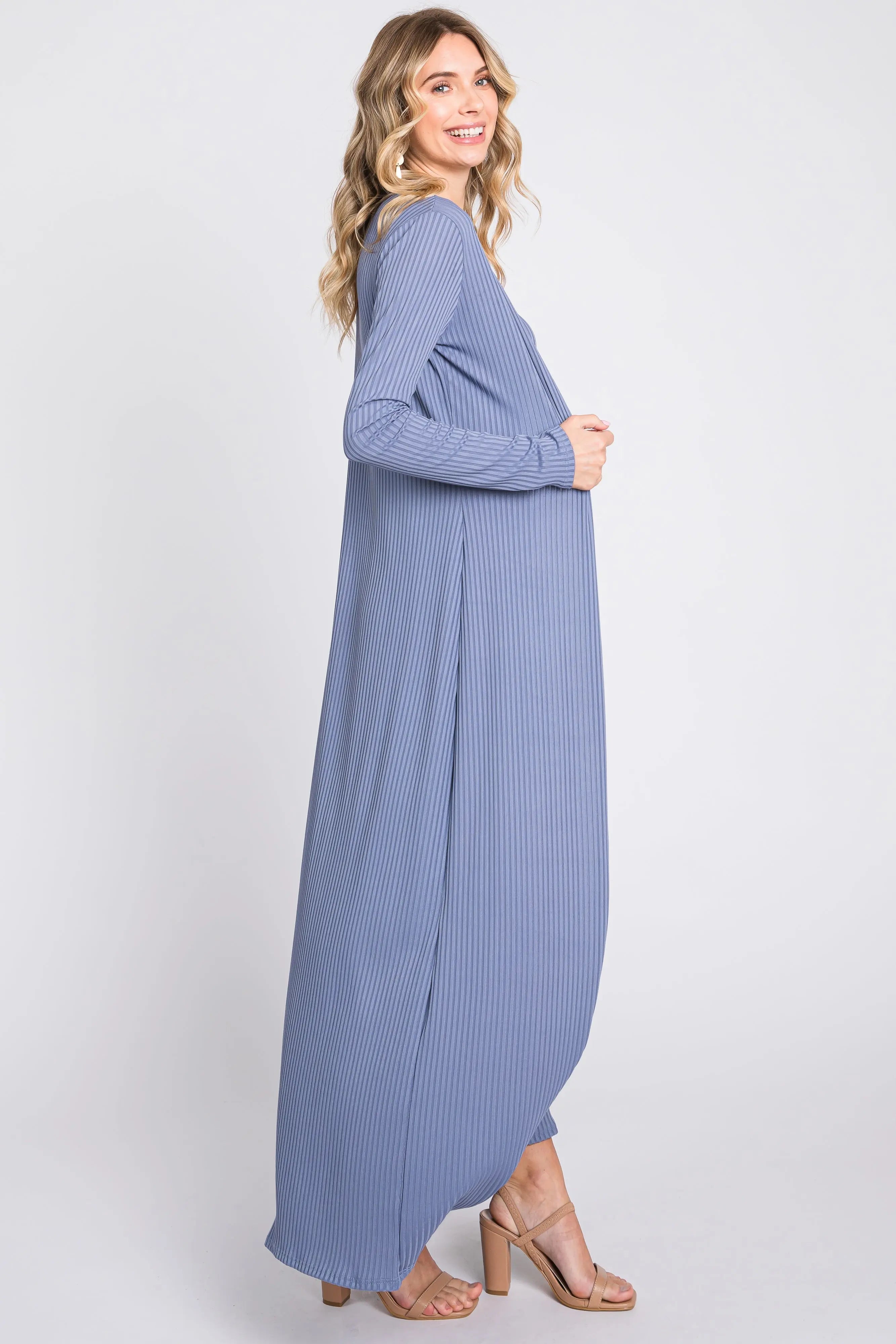 Blue Ribbed Sleeveless Dress Cardigan Set PinkBlush
