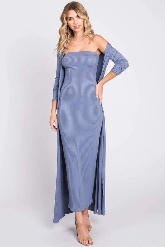 Blue Ribbed Sleeveless Dress Cardigan Set PinkBlush